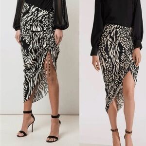 Veronica Beard Black & Ivory Printed Asymmetric Ruched Midi Skirt